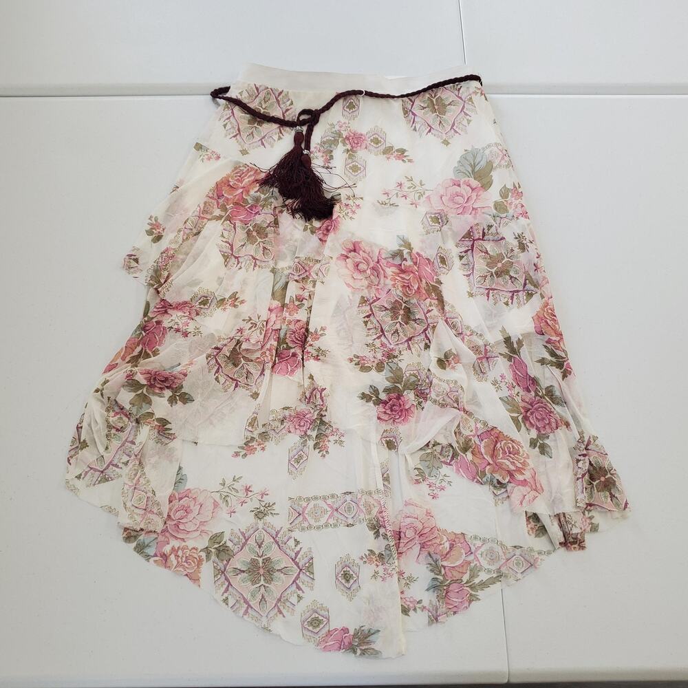 Y2K Fairy Amy Byer Skirt Women Small White Pink Floral Asymmetrical Ruffle Belt